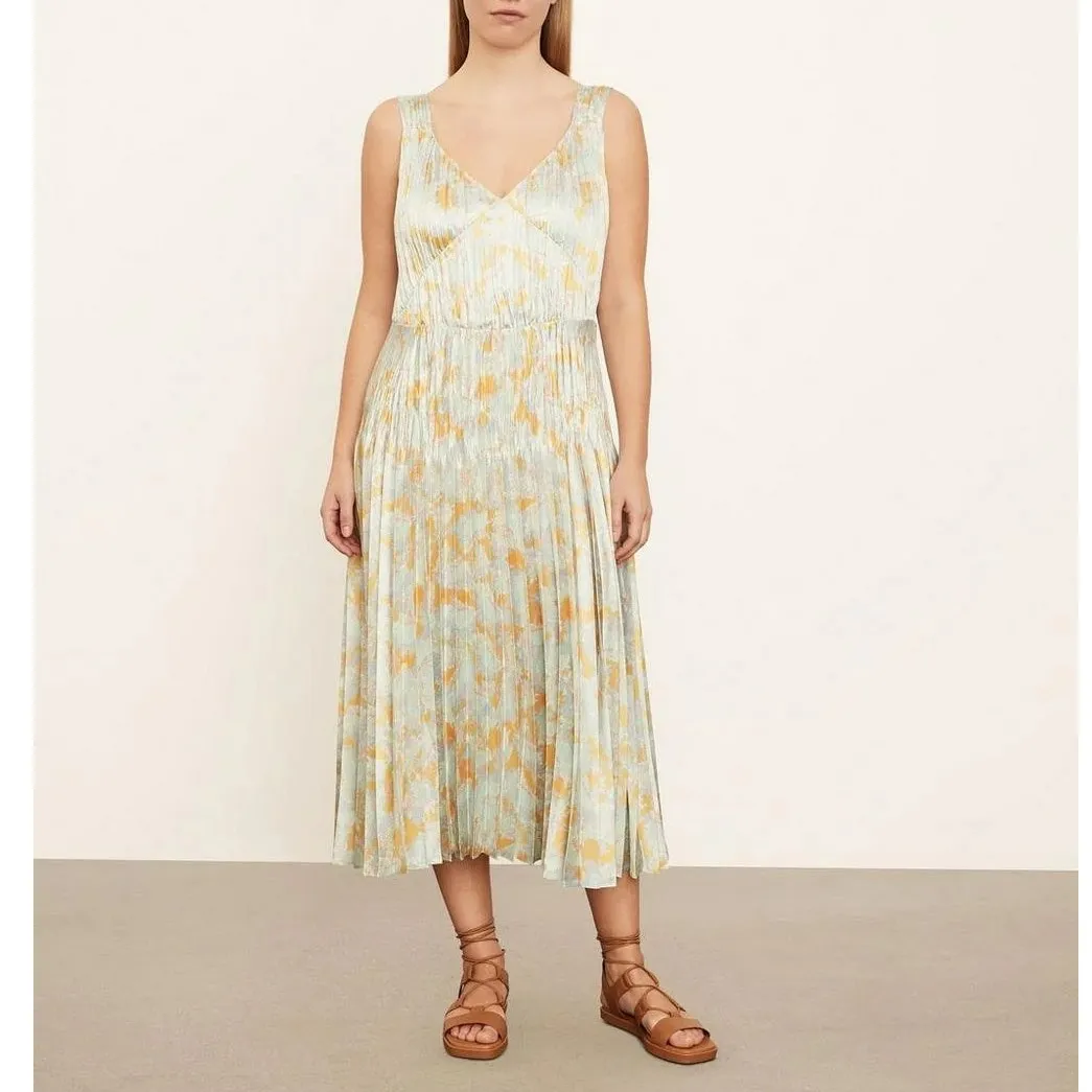 Vince Dress Women’s Size 2X NEW Lotus V-Neck Pleated Slip Floral Midi Satin NWOT - Image 2