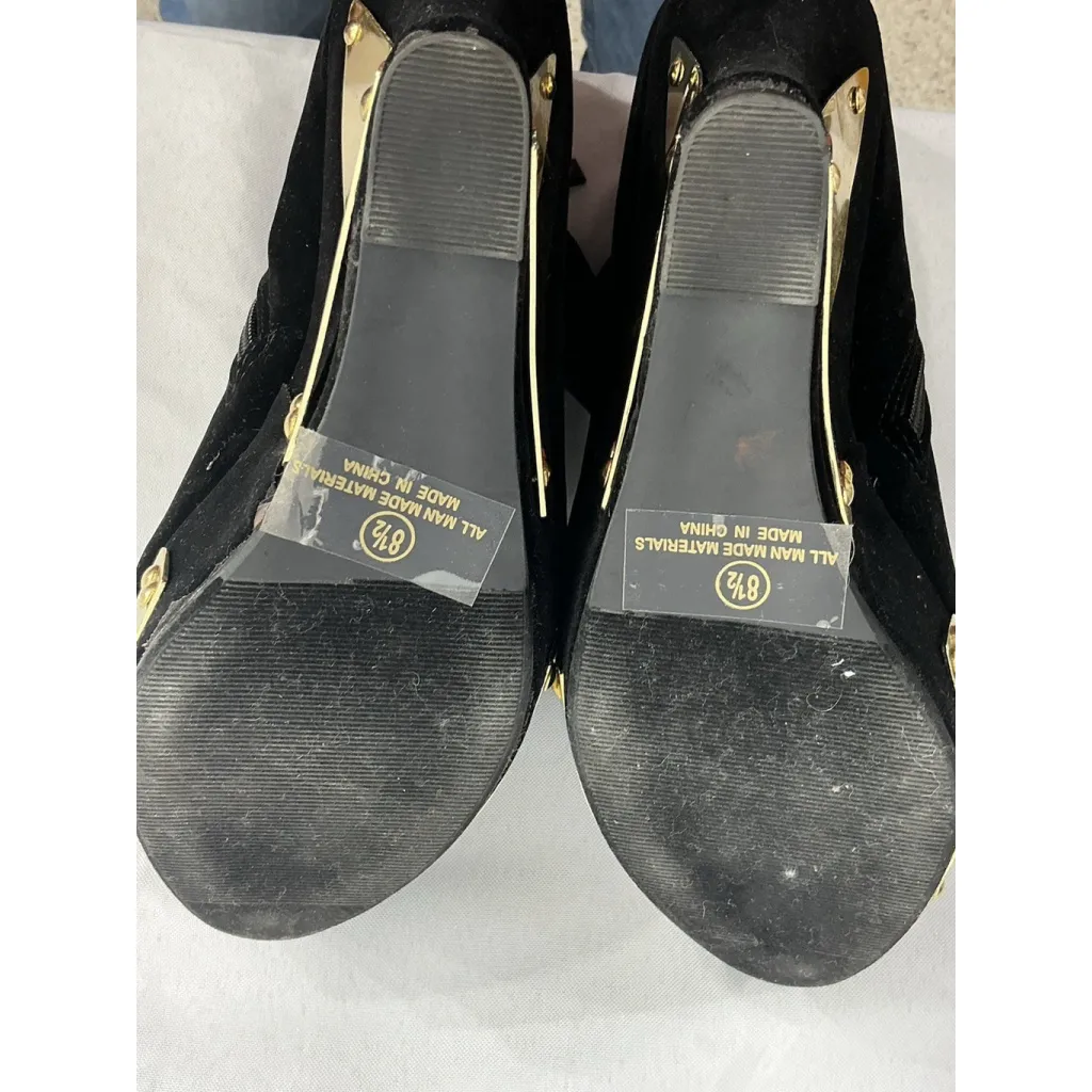 Womans Posh Booties Black Velvet Wedge Side Zip Gold Accent 8.5 - Image 8