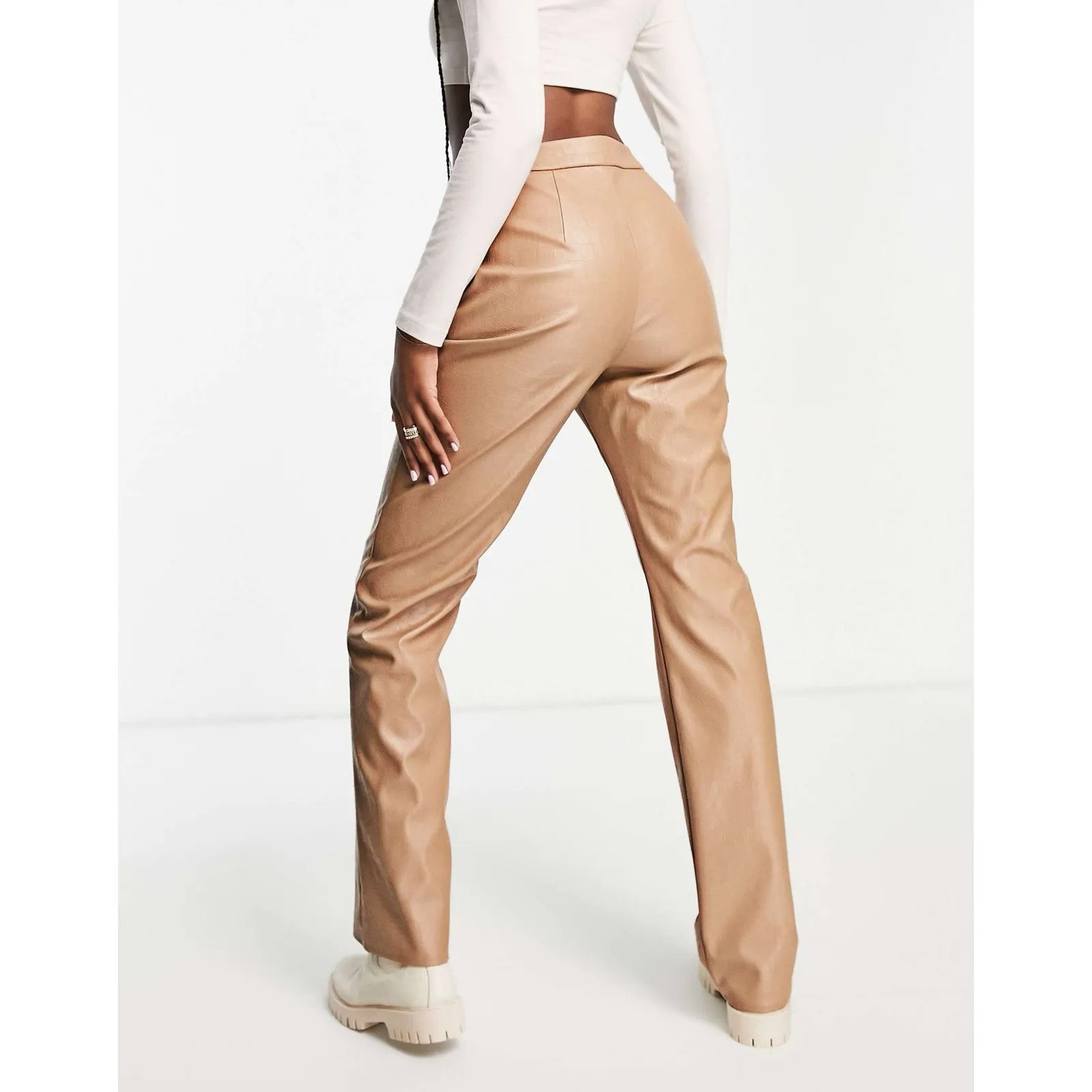 Asos Faux Croc Leather High Waist Straight Leg Pants Camel Tan Classic Womens 4 - Image 9