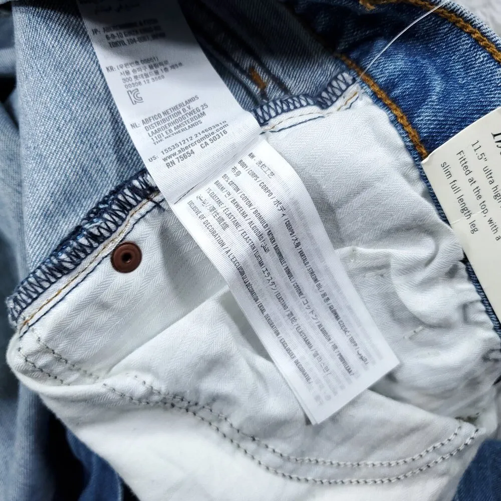 Abercrombie 90s Slim Straight Ultra High Rise Jeans Blue Ripped Y2K Size 24 37 - Image 8