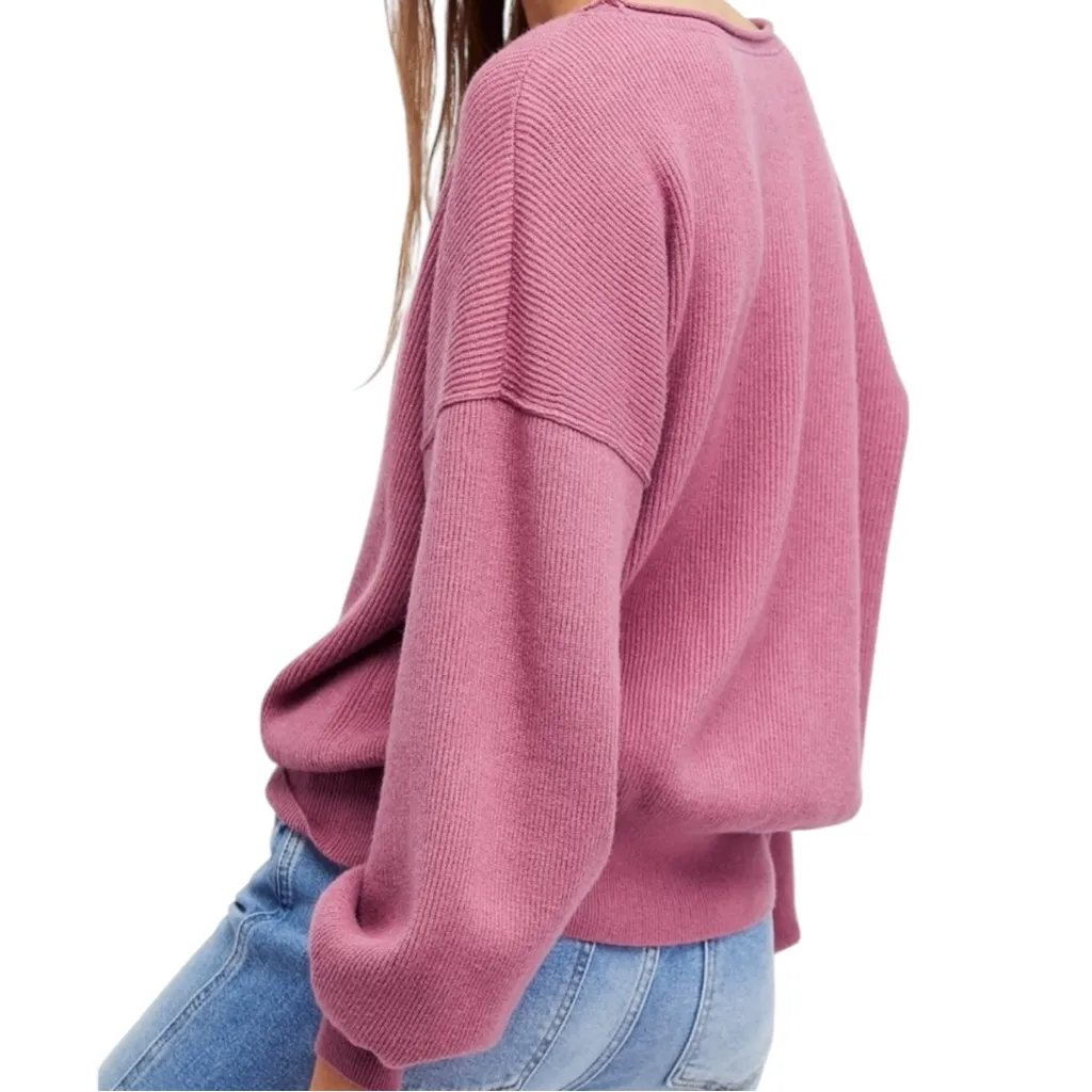 Free People Shadow Crew Balloon Sleeve Sweater Pink Ribbed Knit Boho Size M - Image 4