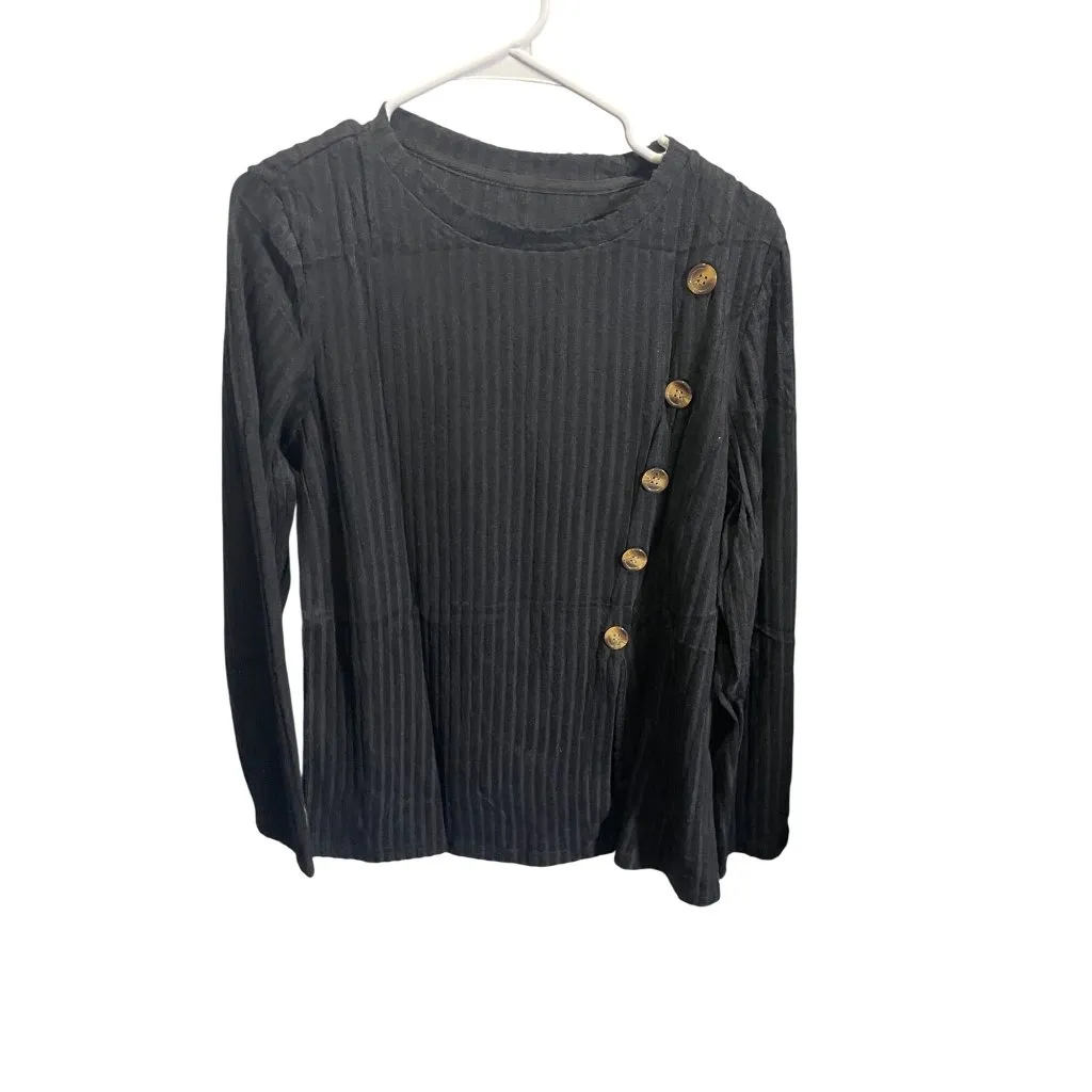 None Black Ribbed Asymmetrical Button Detail Long Sleeve Top Size L - Image 2