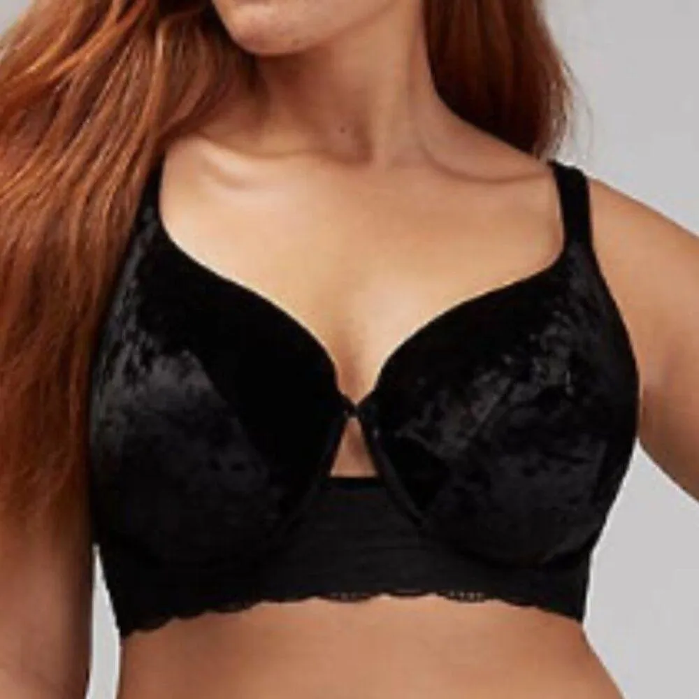 Cacique T-Shirt Bra Black Velvet Lace Trim Keyhole Front Size 44DD Lightly Lined - Image 3