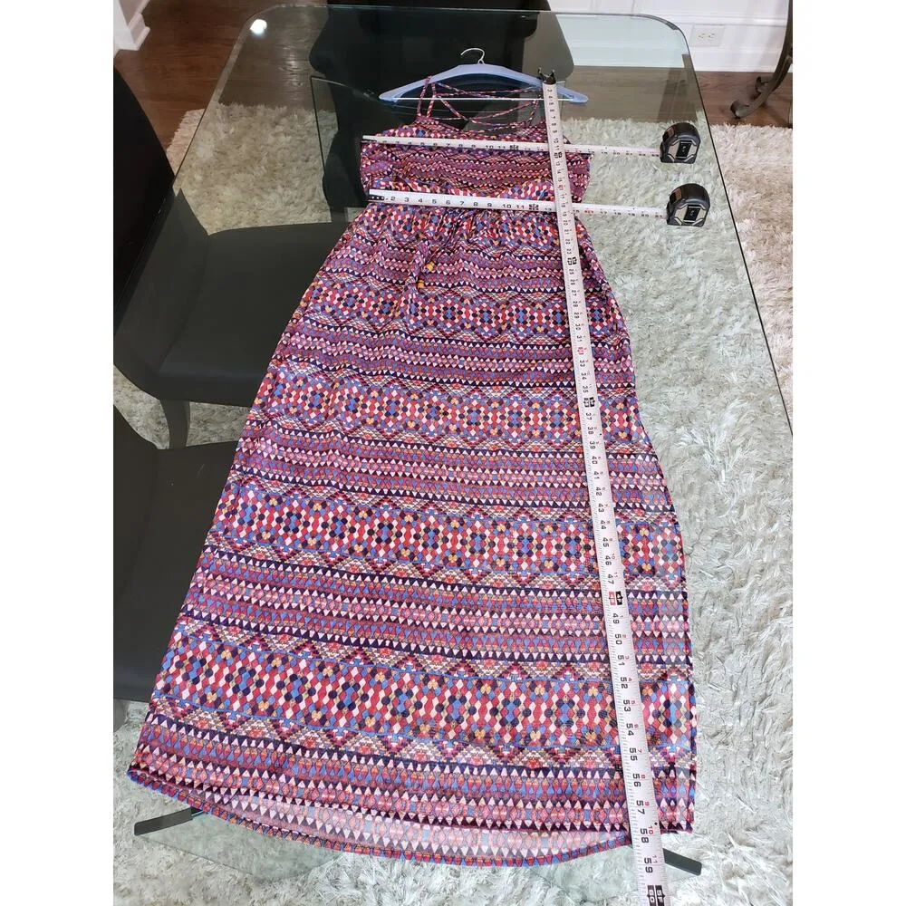 City Triangles Long Maxi Dress Womens Large Blue Pink Geo Print Criss Cross Back - Image 9