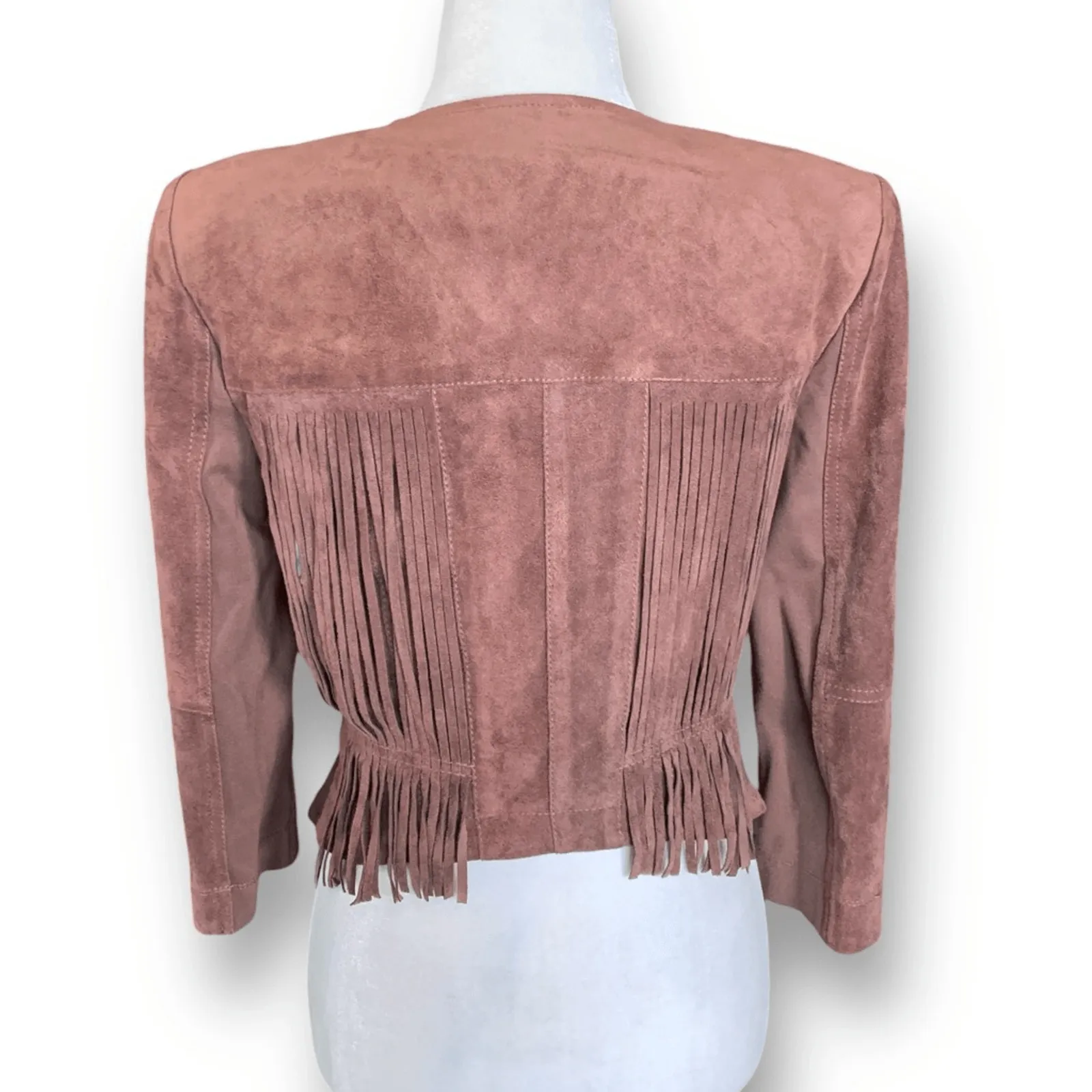 BCBGMAXAZRIA Reiss Fitted Fringe Jacket Toffee Faux Suede Leather Size Small - Image 4