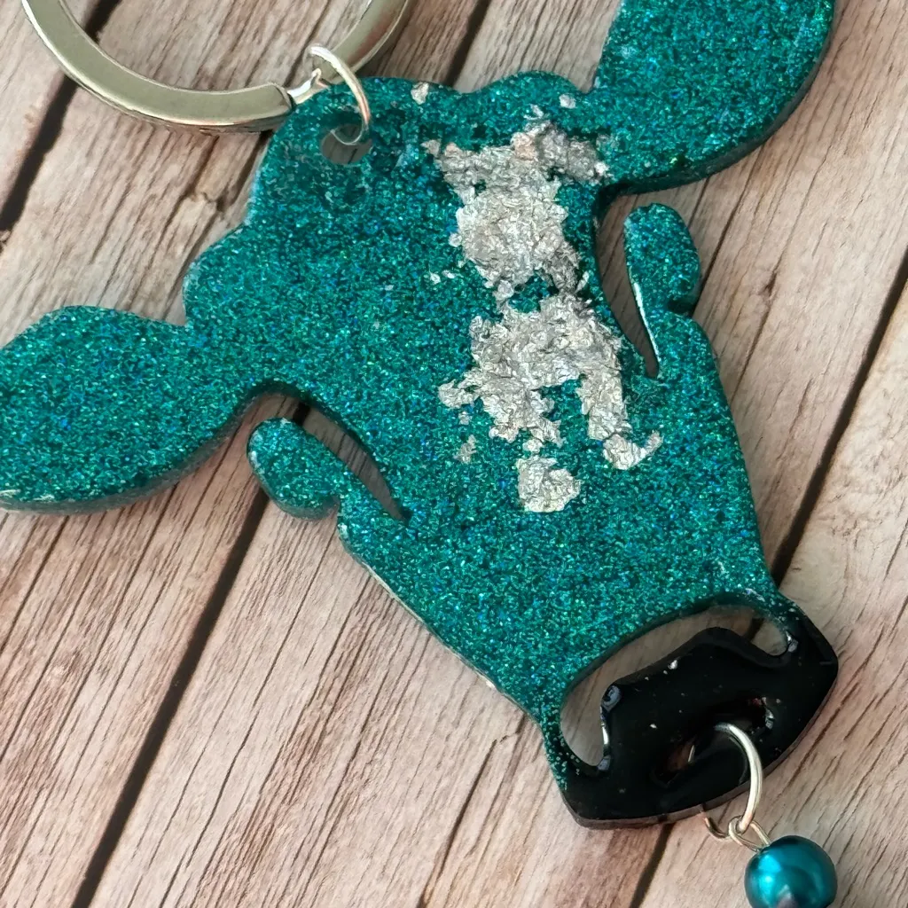 Hand Crafted Teal and Silver Cow Key Holder Blue - Image 6