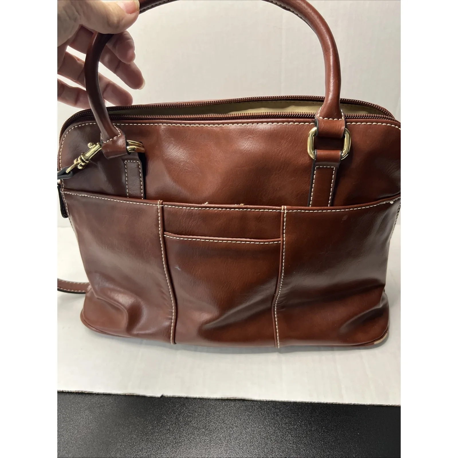 GIANI BERNINI Turn-Lock Glazed Dome Satchel Saffiano Brown - Image 4
