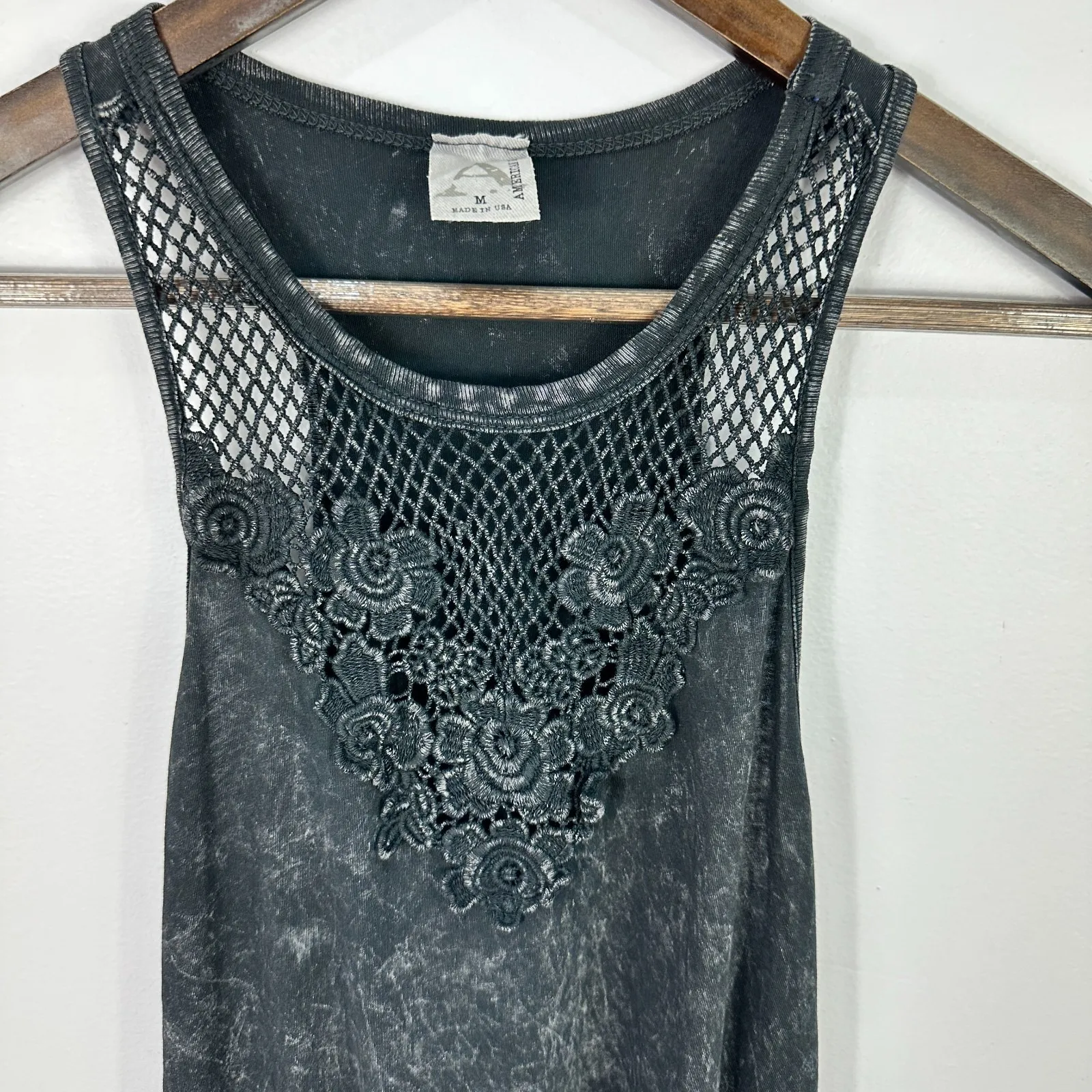 American Age Black‎ Acid Wash Crochet Tank Top Women's M Goth Fairy Grunge Boho - Image 2