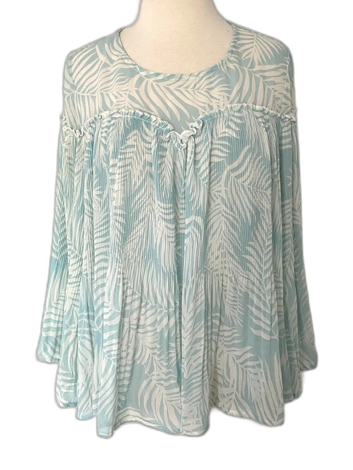 Anthropologie Molly Bracken Jungle Mint Sheer Leaf Print Lightweight Blouse Sz L - Image 1