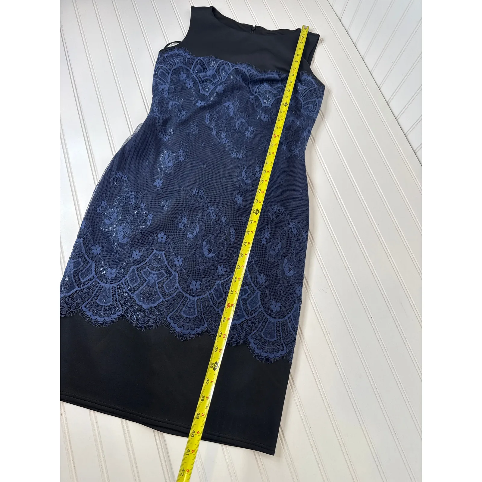 Tadashi Shoji Neoprene Navy & Black Metallic Sheath Cocktail Party Midi Size 8 - Image 6