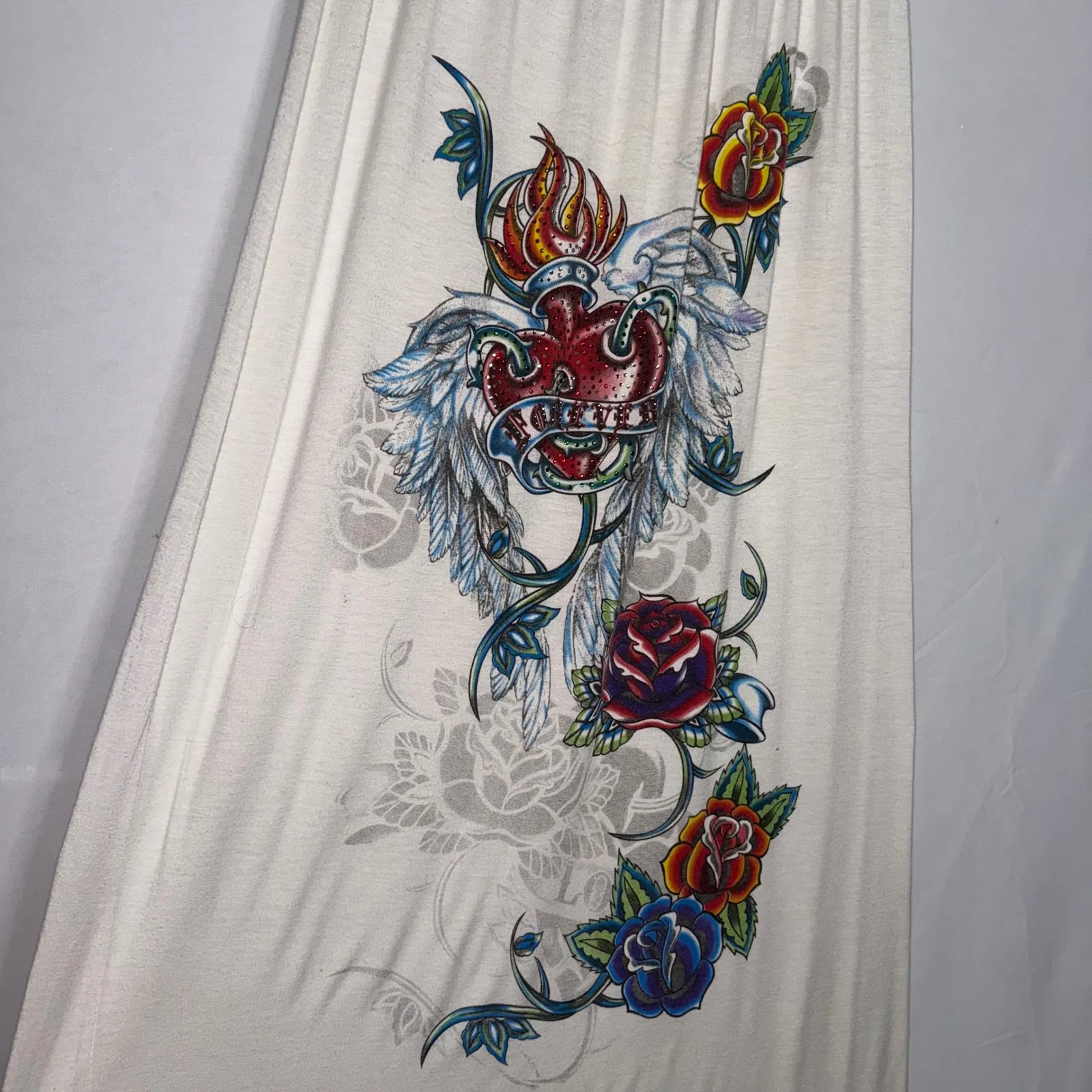 Y2K Tattoo Graphic Strapless Smocked Maxi Sun Dress Heart Roses Fire - Image 6