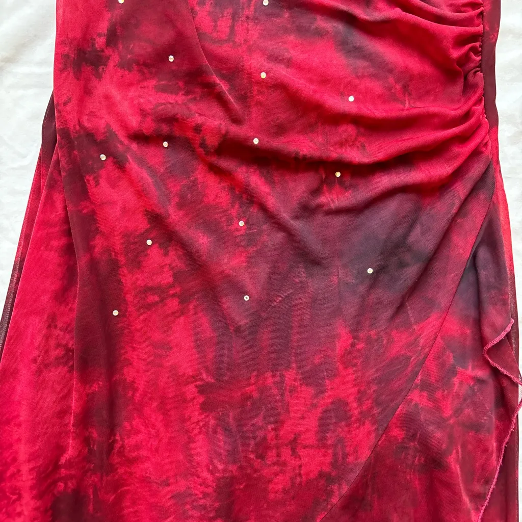 red bead sequin rhinestone tye dye cinch ruffle asymmetrical fairy maxi dress - Image 4