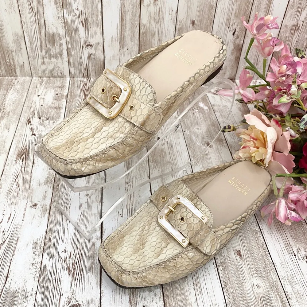 Stuart Weitzman CIA Beige Snakeskin Mules Loafers - Image 4