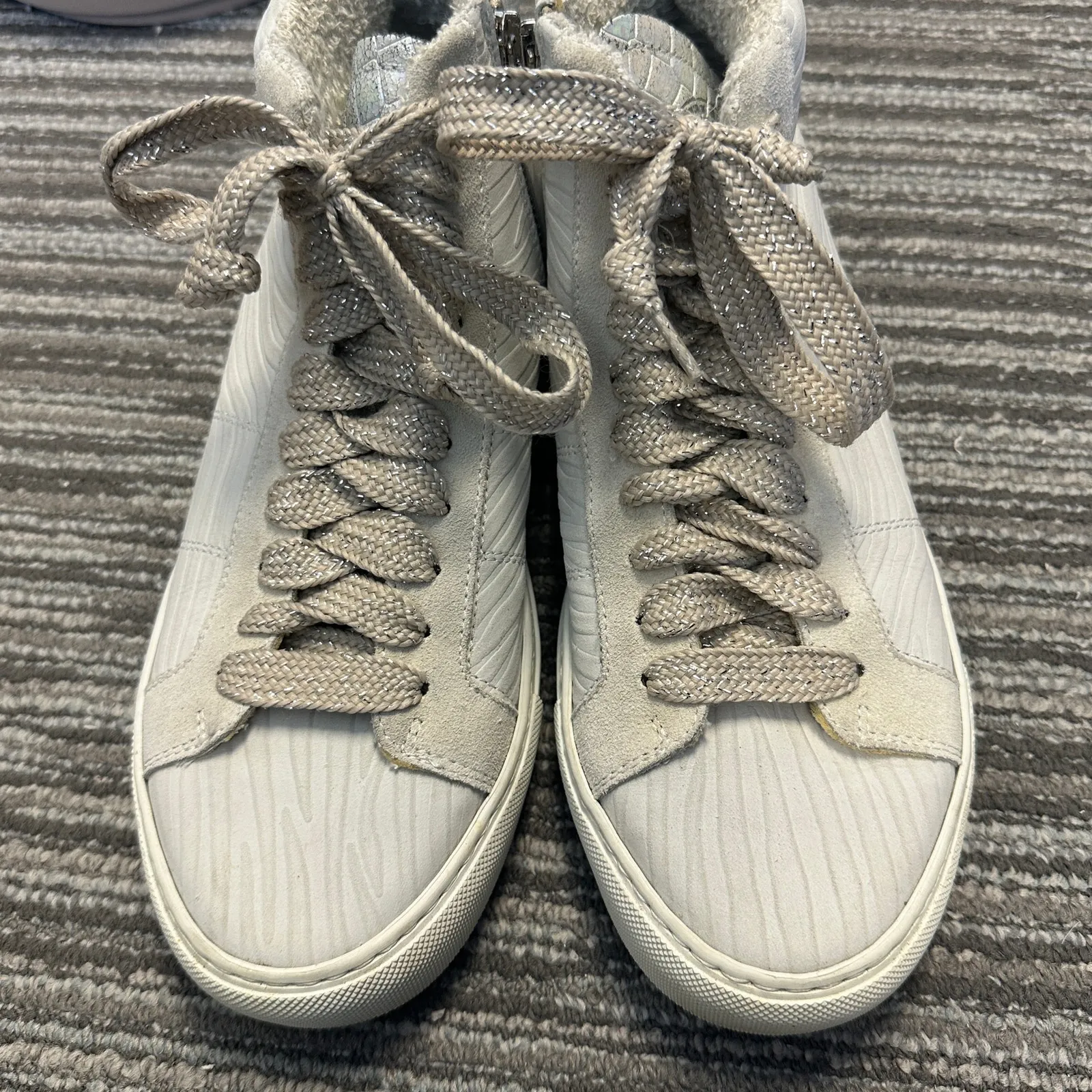 P448 Star White Zebra Embossed High Top Leather Sneakers Metallic Preppy Sz 8.5 - Image 2