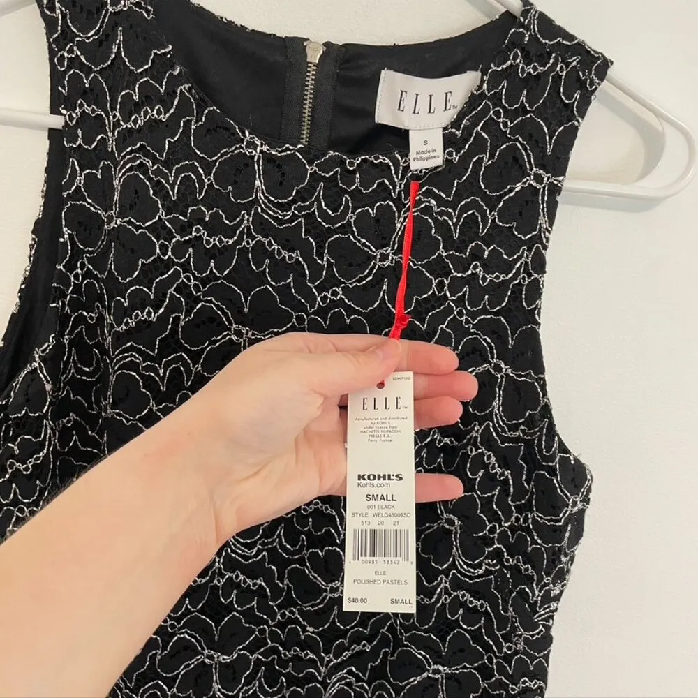 NEW NWT ELLE Black Floral Lace Silver Metallic Sleeveless Scalloped Tank Blouse - Image 5