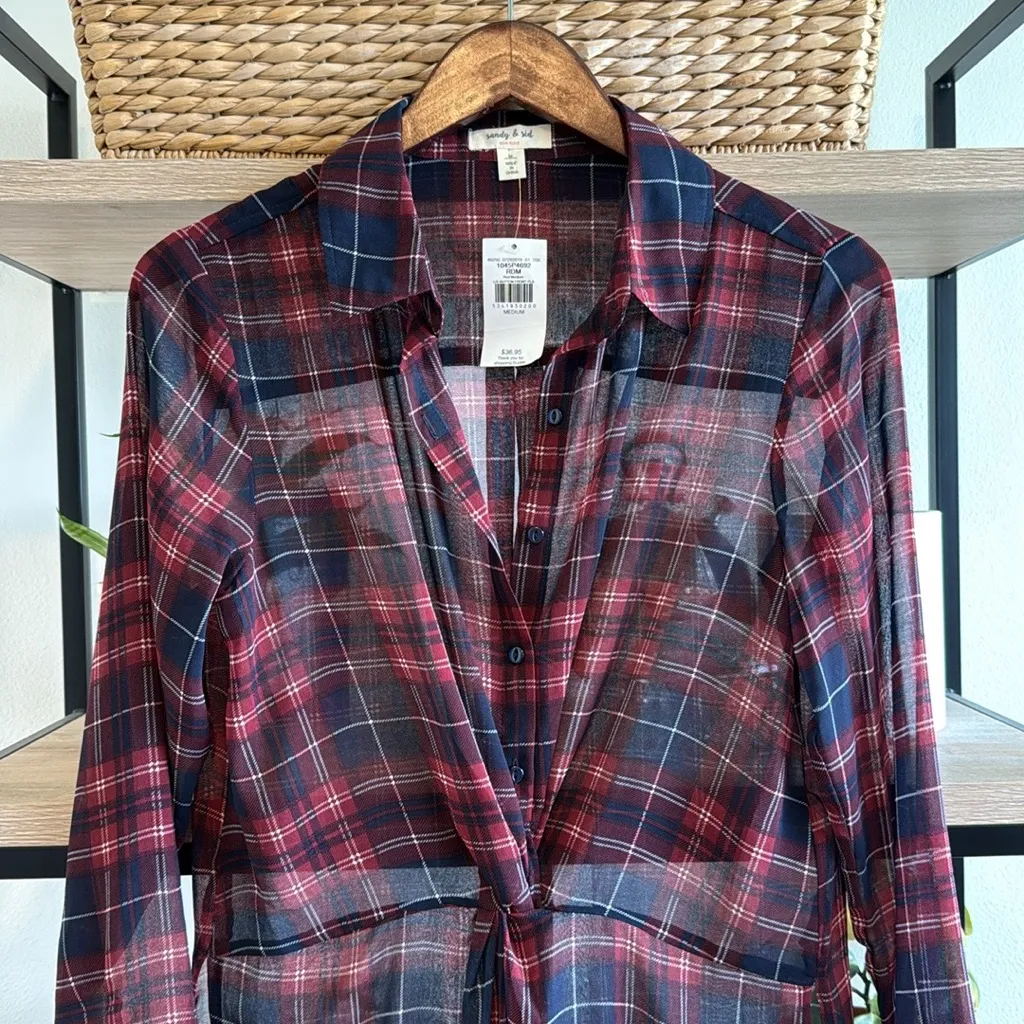 NWT Buckle Sandy & Sid Plaid Summer Drape Button Front Blouse Top, M - Image 3