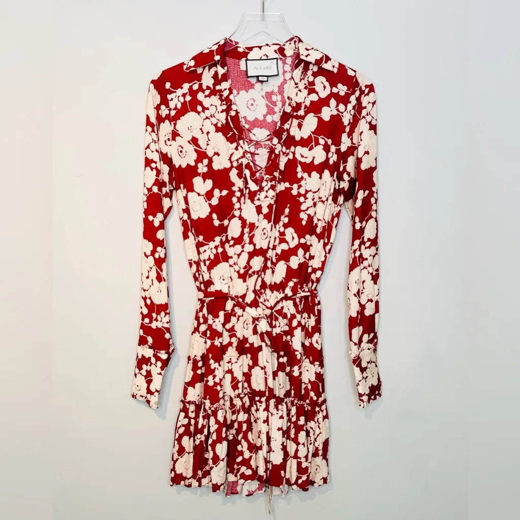 Alexis Jillian Maroon Poppy Red White Floral Long Sleeve Mini Dress Size XS - Image 3