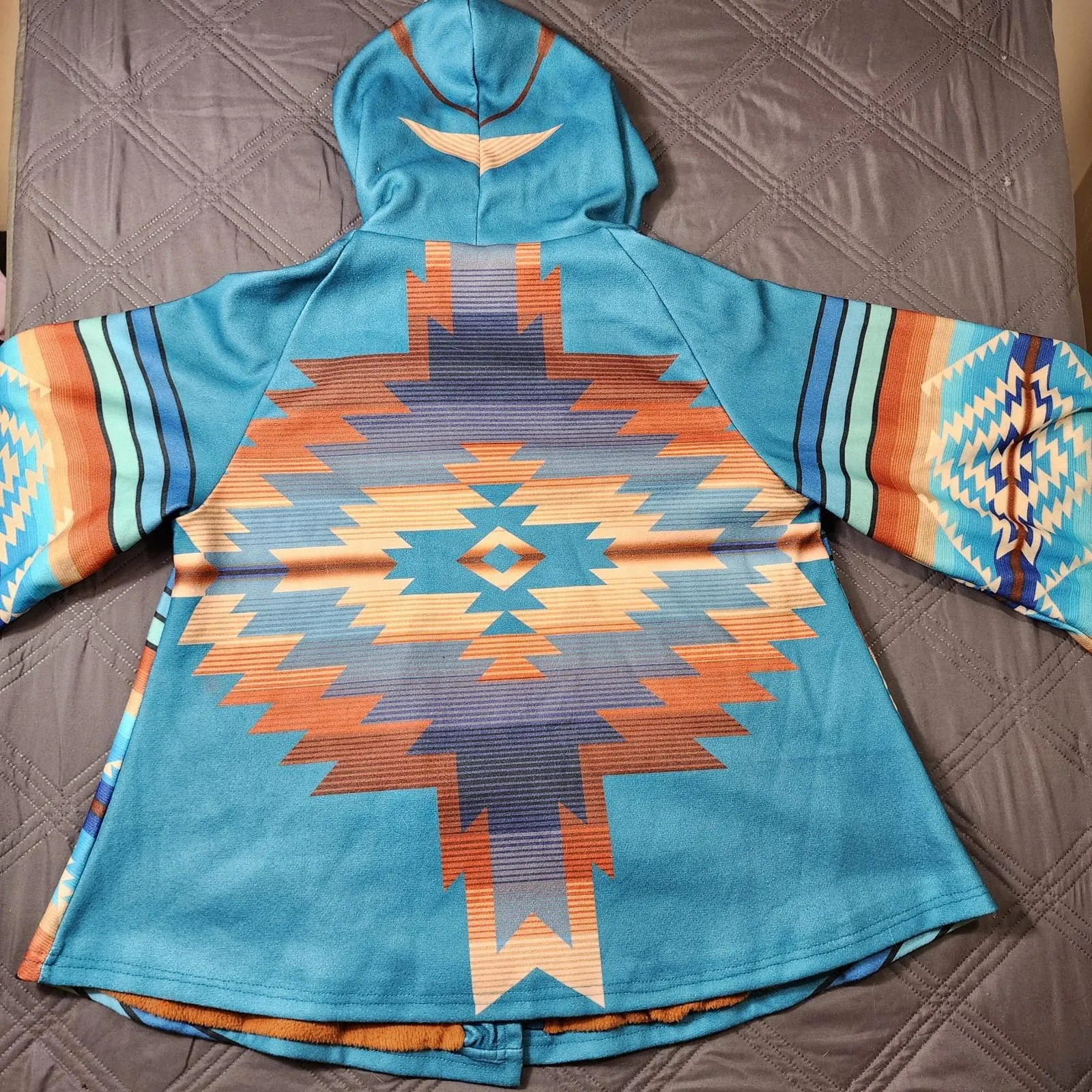Women’s Hooded Poncho Coat Aztec South Western Fleece Long Bell Sleeve Large Blue - Image 2