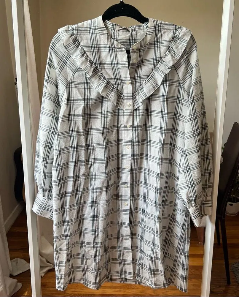 Madewell Plaid Ruffle-Yoke Shirtdress white black size M CL - Image 3