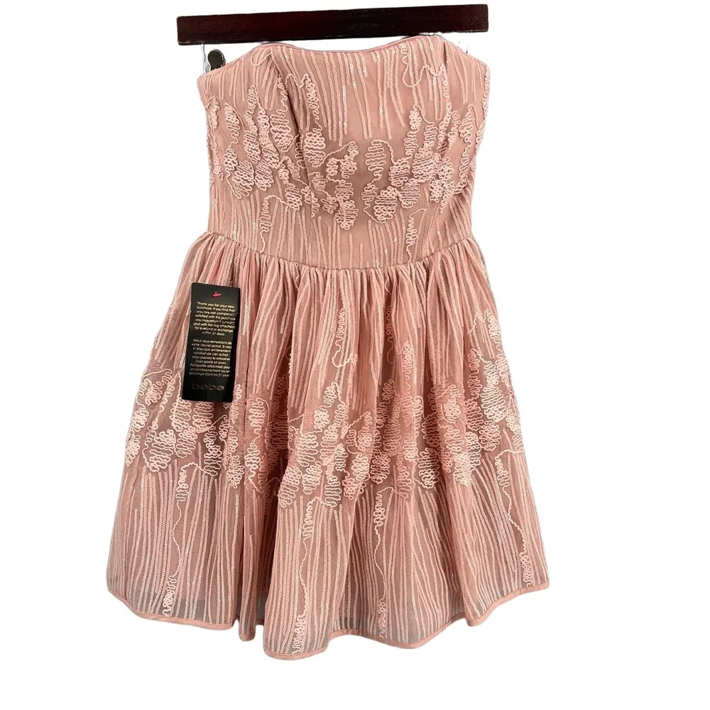 Bebe Dress Pink Embroidered Sequin Strapless Party Going Out Romantic Size 2 New - Image 2