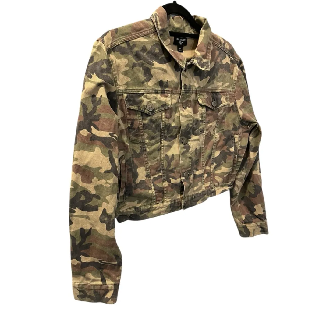 True Religion Size Medium Camo Green Denim Jacket Women's Casual Green Cotton - Image 3