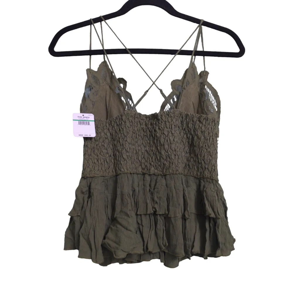 Free People Adella Cami Crochet Lace Flowy Tiered Crisscross Olive Sparrow L New - Image 4