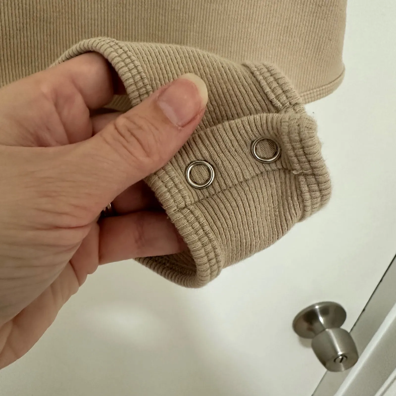 REORIA | Cream Ribbed Racerback Henley Button Up Snap Bodysuit Tan - Image 3