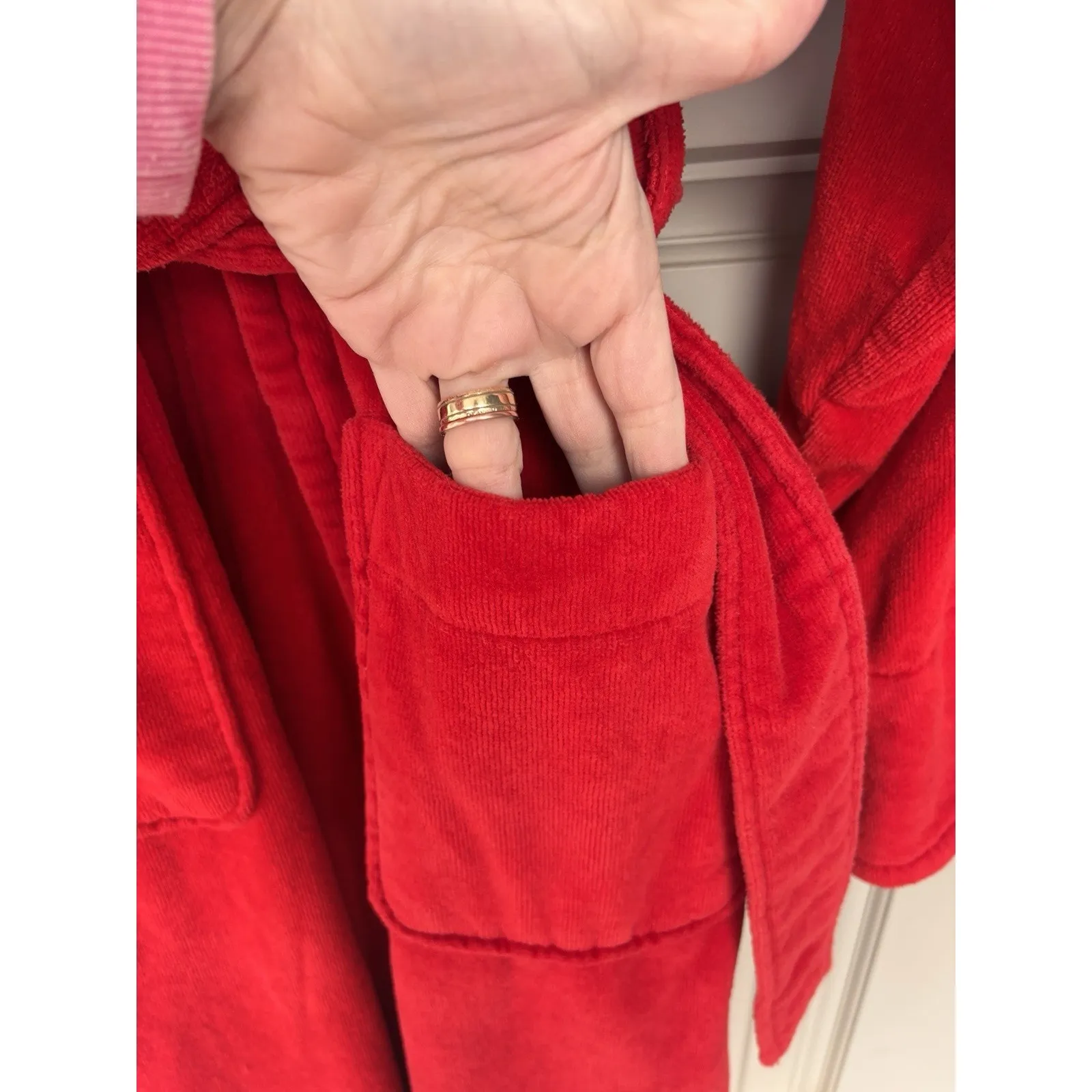 Vtg Victoria's Secret VS Red 100% cotton terry cloth robe pocket belt M/L Y2K - Image 3