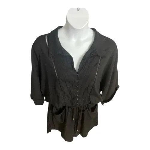 White Birch Solid Black Linen Blend Romper Plus Size 2X Elastic-Waist Collared - Image 3