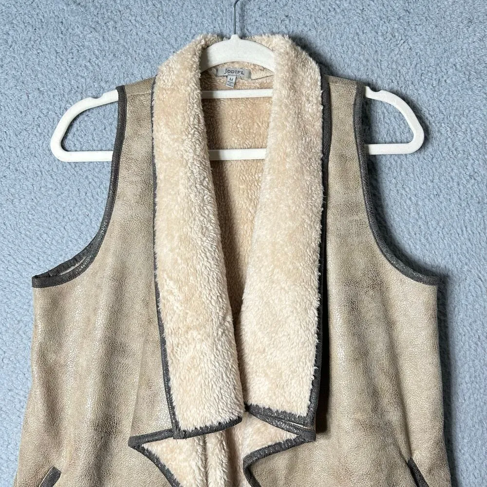 Jodifl Vest Womens M‎ Tan Long Waterfall Front Sleeveless Faux Fur Vest - Image 4