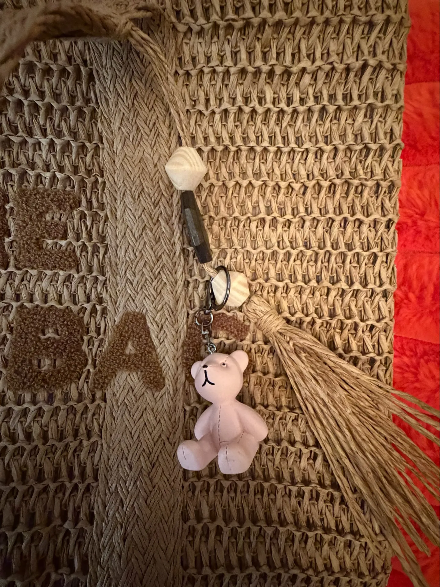 Unique and very cute tan woven Tote Bag with playful pink bear charm included. - Image 8