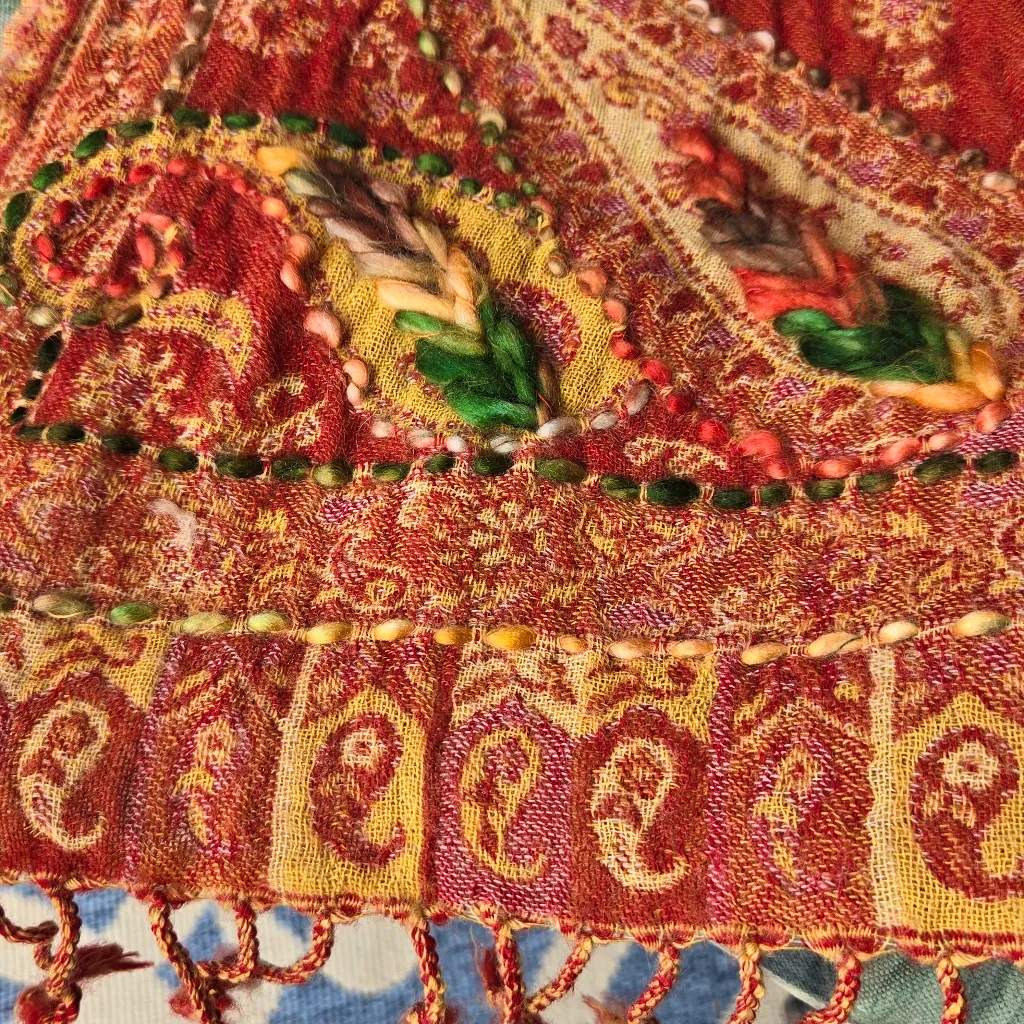 Shawl wool floral embroidered kalahari shawl scarf 68” x 26” Red - Image 8