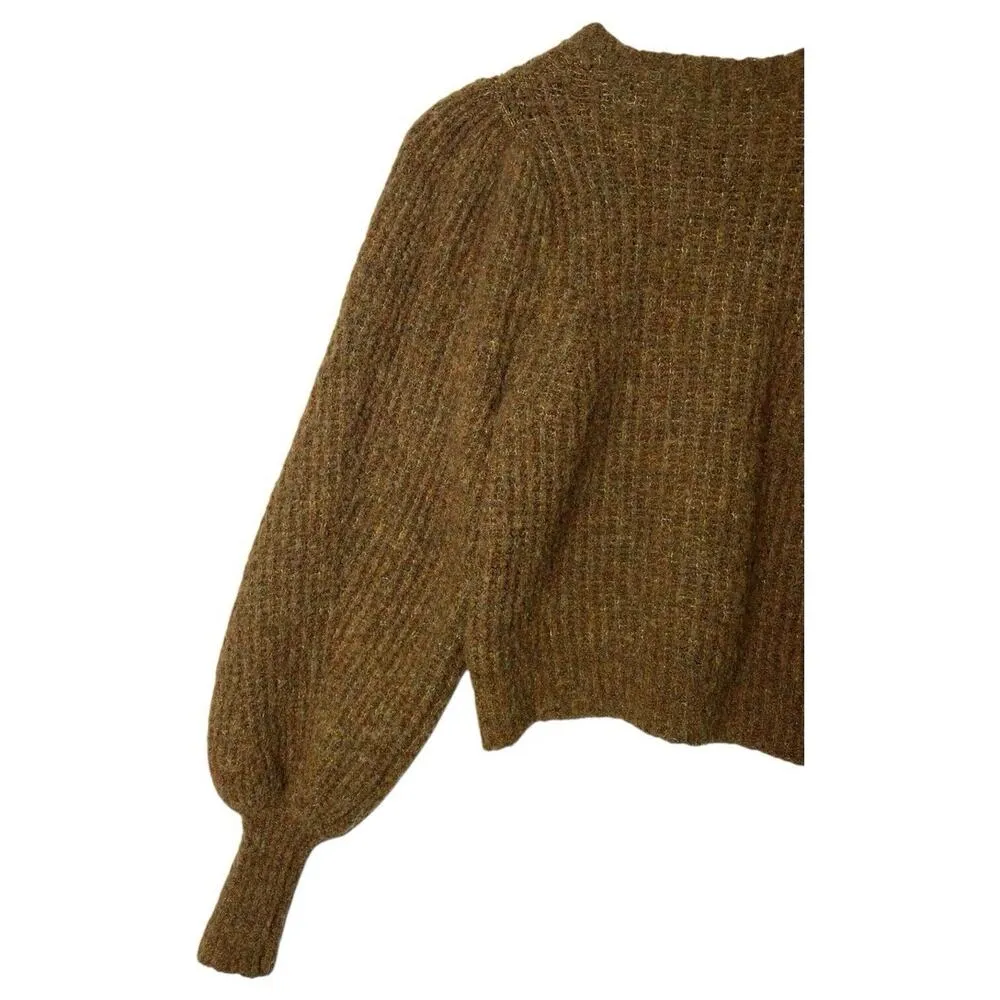 Olivaceous Sweater Womens S Wool Blend Ribbed Long Bishop Sleeve Pullover Brown - Image 8
