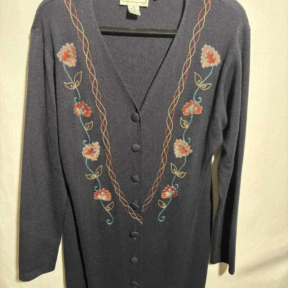 VTG Black Wool Blend Maxi Sweater Dress Embroidered Flowers Buttons Boho M Fairy - Image 8