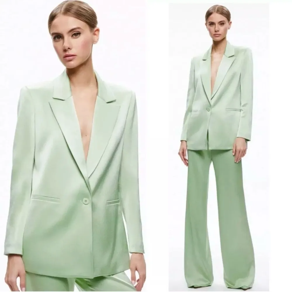 Alice + Olivia Denny Satin Single Breasted Boyfriend Blazer Green Tea Size 6 New - Image 3