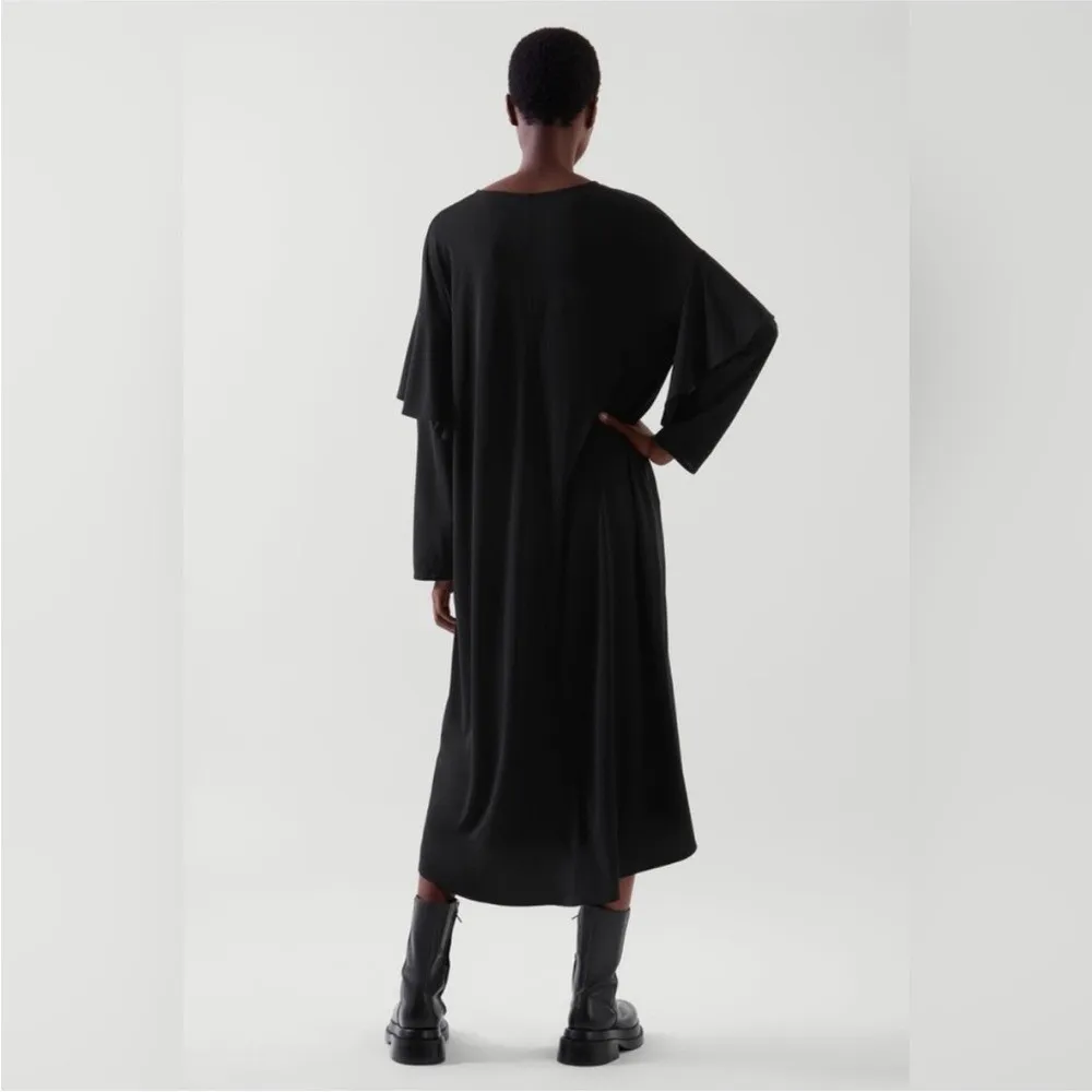 COS Black V-Neck Draped Midi Dress XS/S Long Sleeve Elastic Waist - Image 2