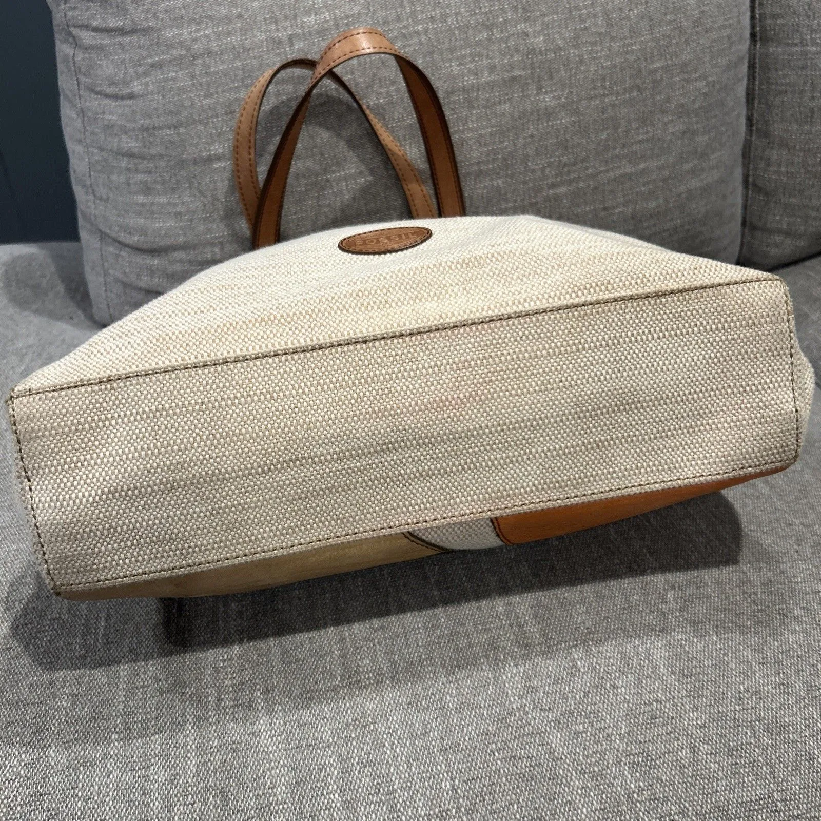 FOSSIL Leather Tote Bag Purse Large Beige Brown Circles Teal Red Orange 14x13x4 - Image 5