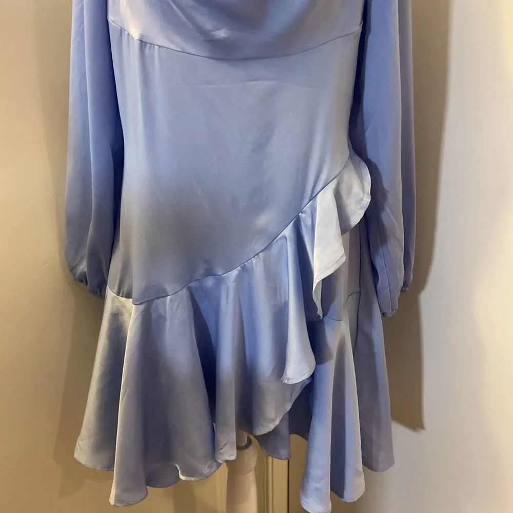6. SHEIN Baby Blue Asymmetrical Balloon Sleeve Short Dress With Ruffle Trim SZ L - Image 5