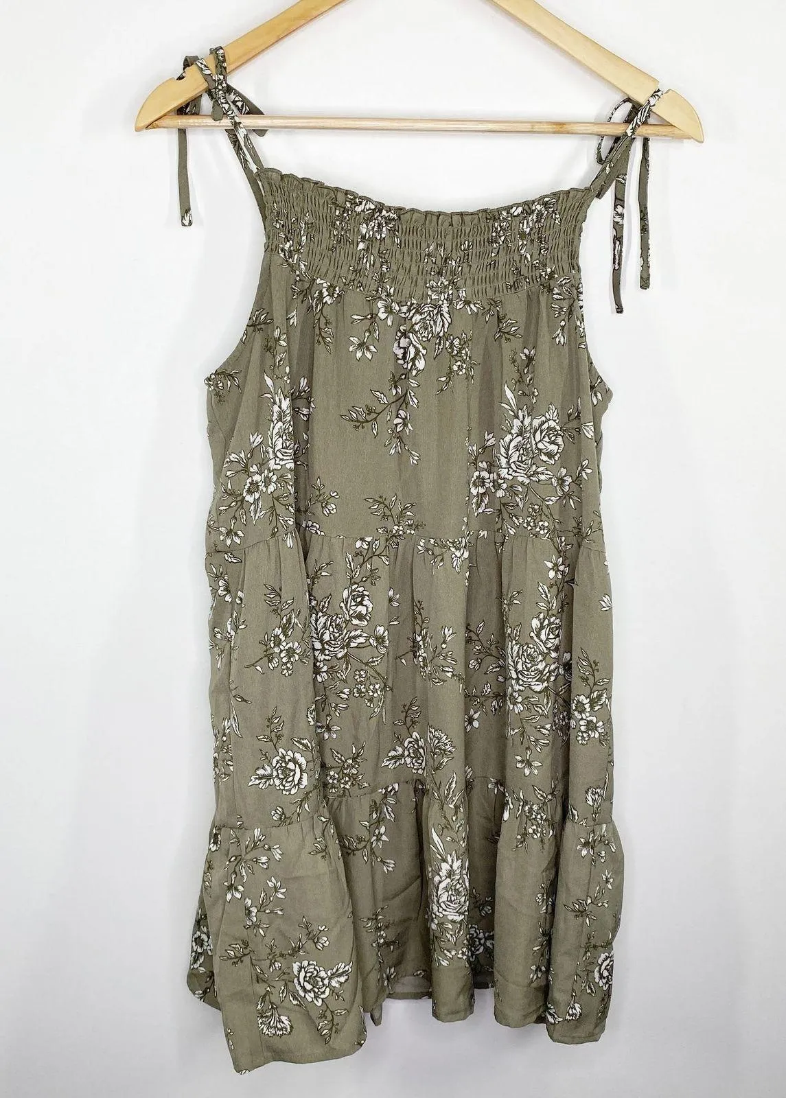 Forever 21 Green‎ Floral Print Tie Shoulder Mini Dress Women Small Boho Cottage - Image 2