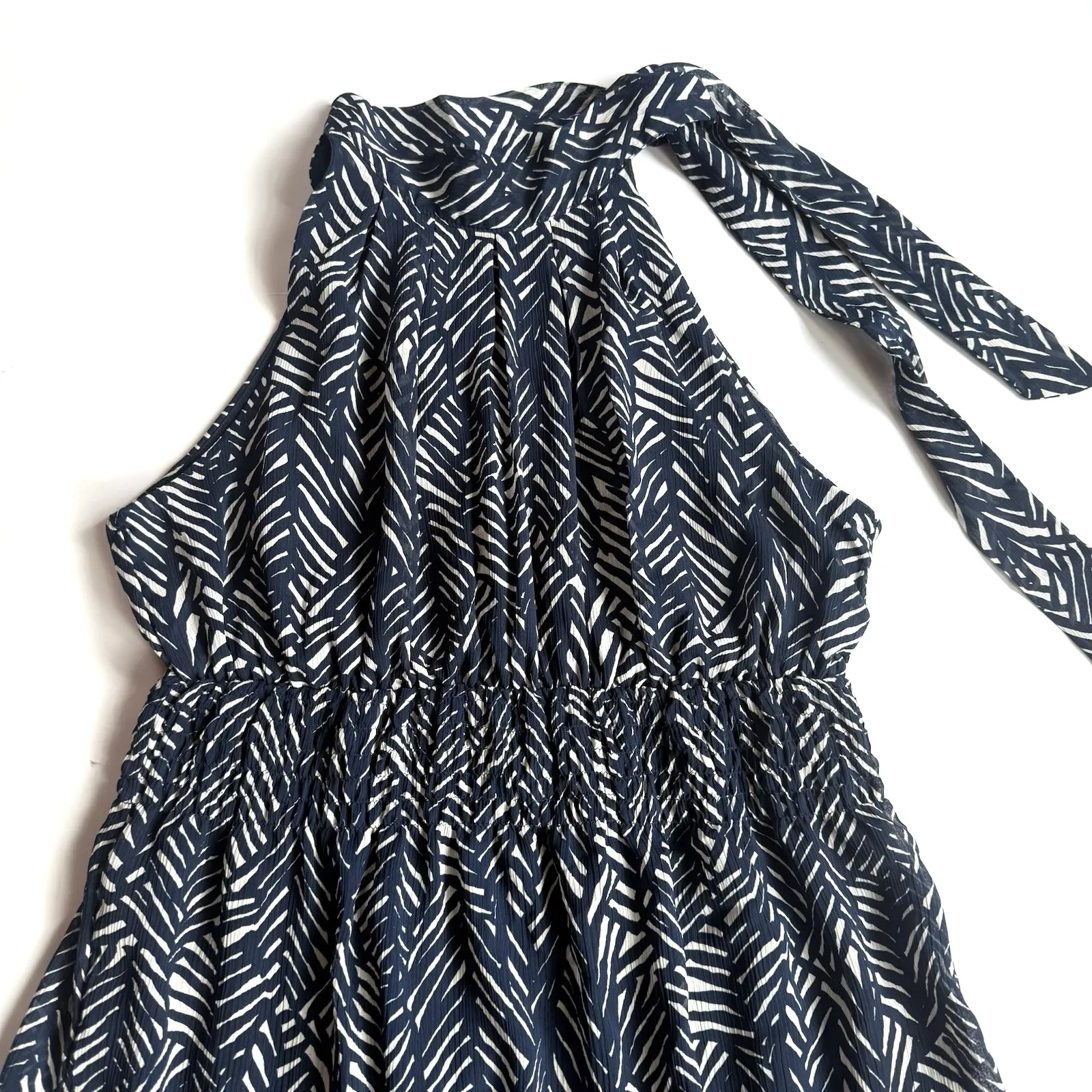 Merona Bow Tie Neck Dress Womens M 8 10 Blue Geo Print Halter Chiffon Midi Retro - Image 2