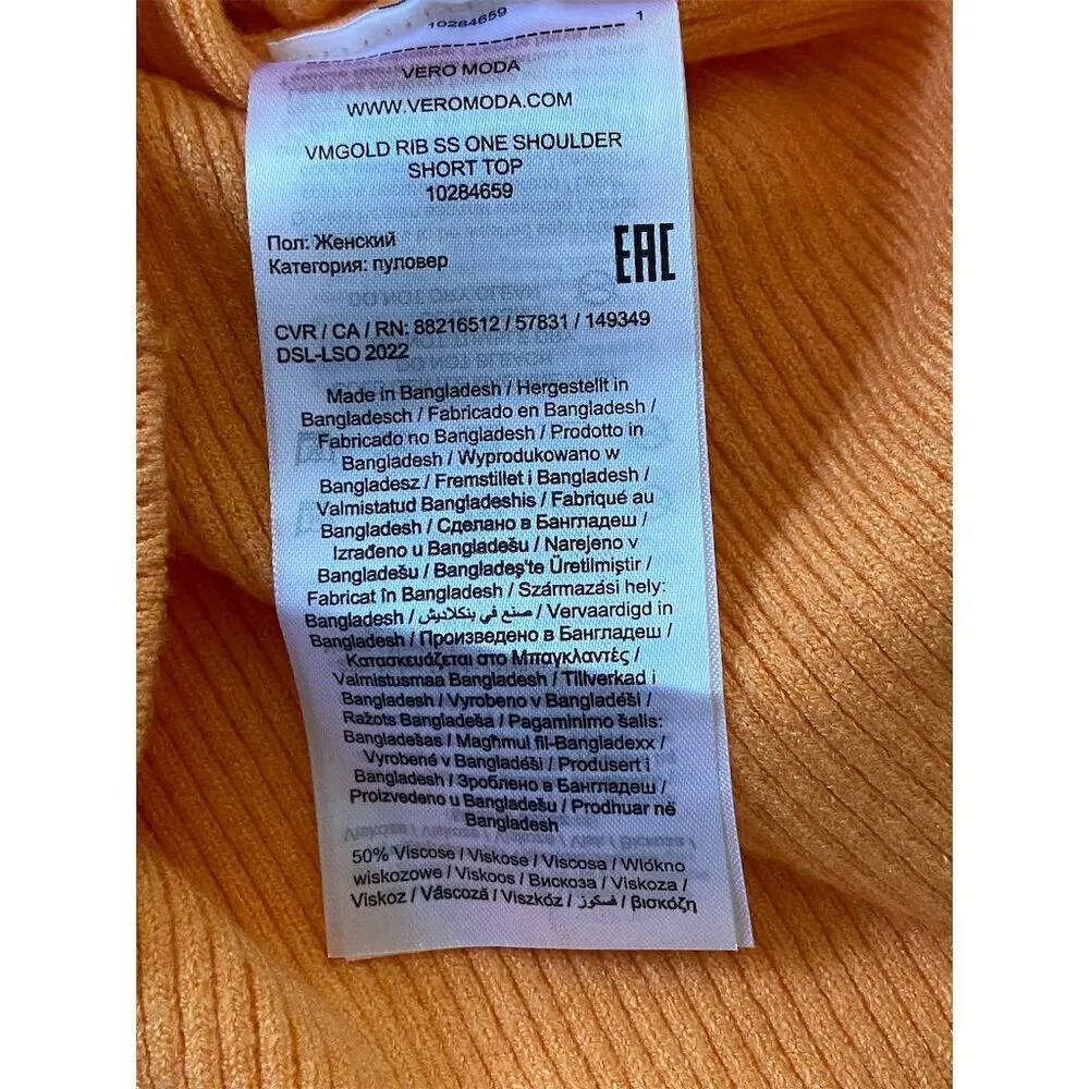 Vero Moda NWT Ribbed One Shoulder Short Sleeve Top XS Orange Casual Knit​ - Image 5