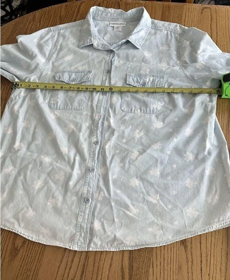 The Company Store Top Sz 1X Blue White Floral Print Long Sleeve Cotton Button Up - Image 5