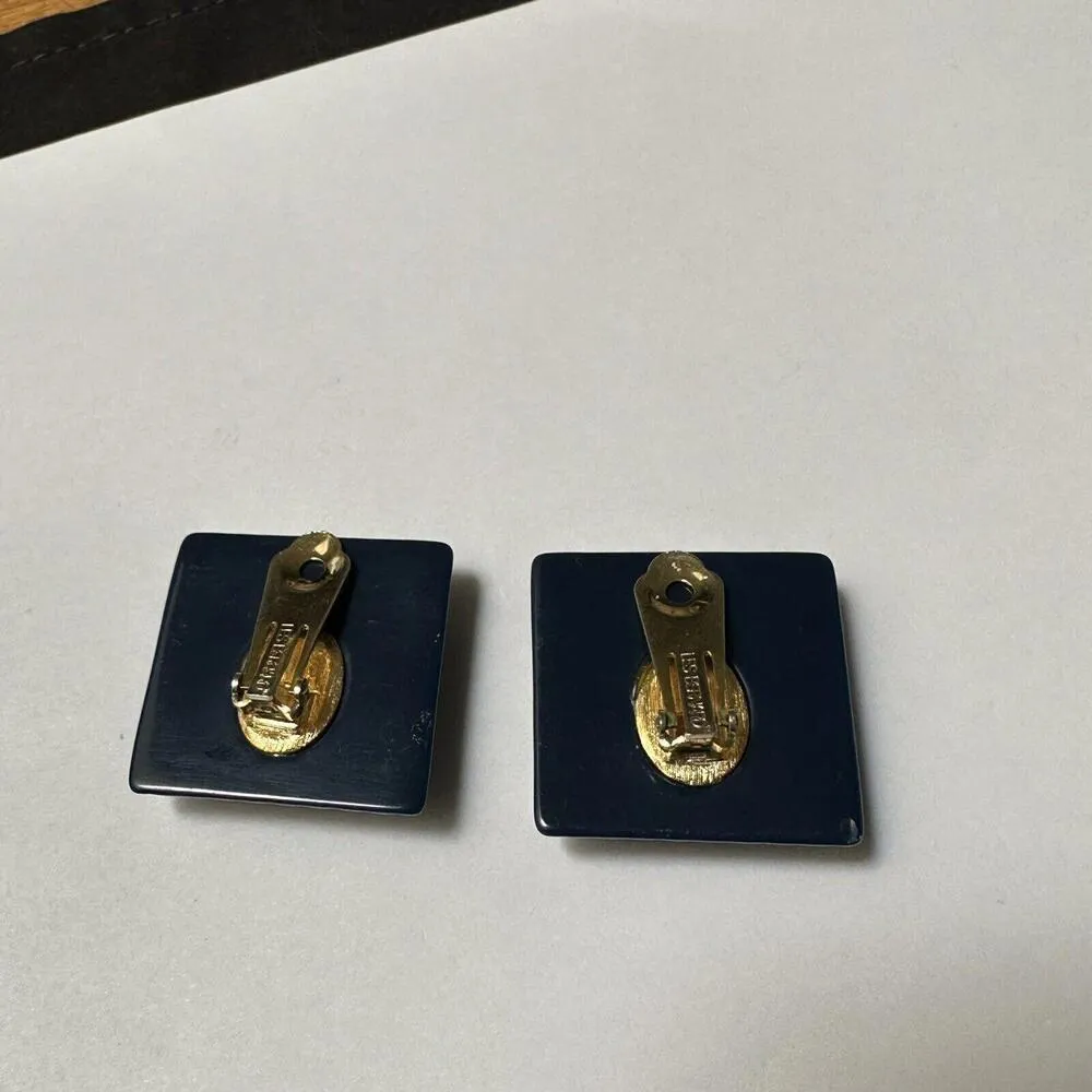 Les Bernard Vintage Blue Statement Square Clip On Earrings Signed - Image 5