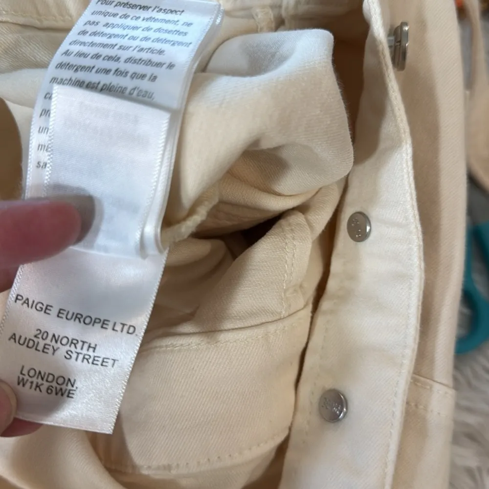 Paige Mayslie Button Front Stretch Denim Romper Puff Sleeve Quartz Sand 2 - Image 13