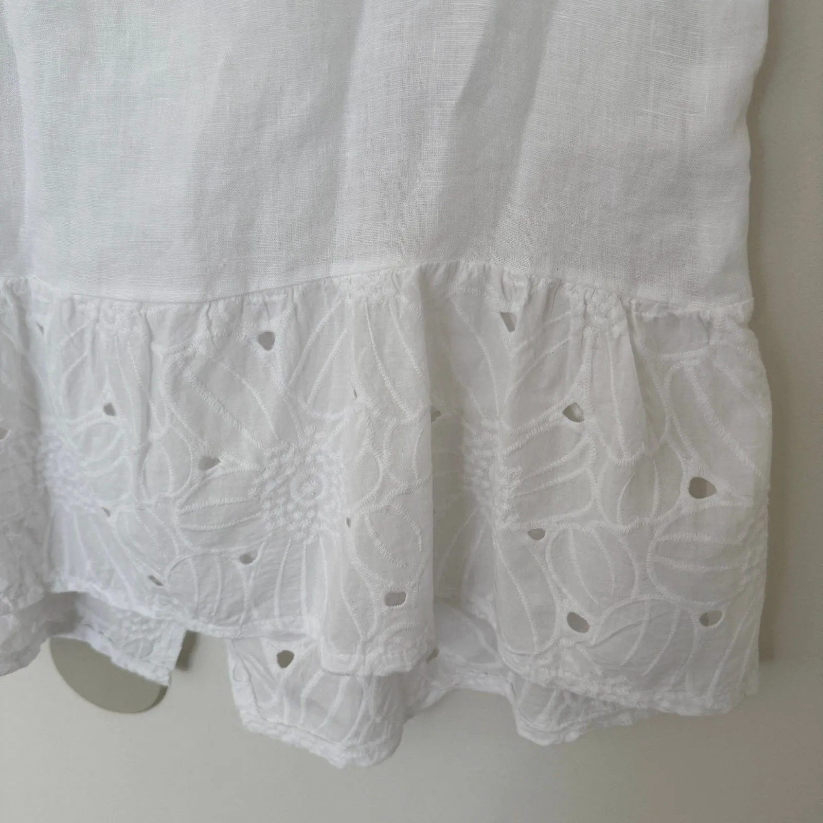 Terzo Millennio White Linen Eyelet Button Boat Neck Short Sleeve Tunic Top Sz S - Image 3