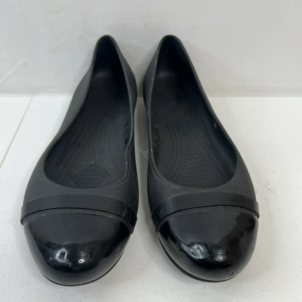 Crocs Womens Sz 10 Ballet Flats Shiny Cap Toe Black Slides Slip On Comfort Shoes - Image 5