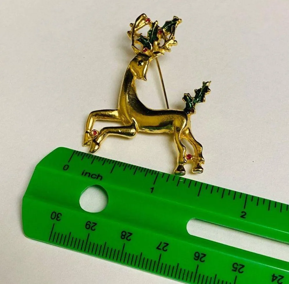 Christmas Reindeer Jewelry Pin Brooch Gold Tone Metal Holly Berry Accent Holiday - Image 11
