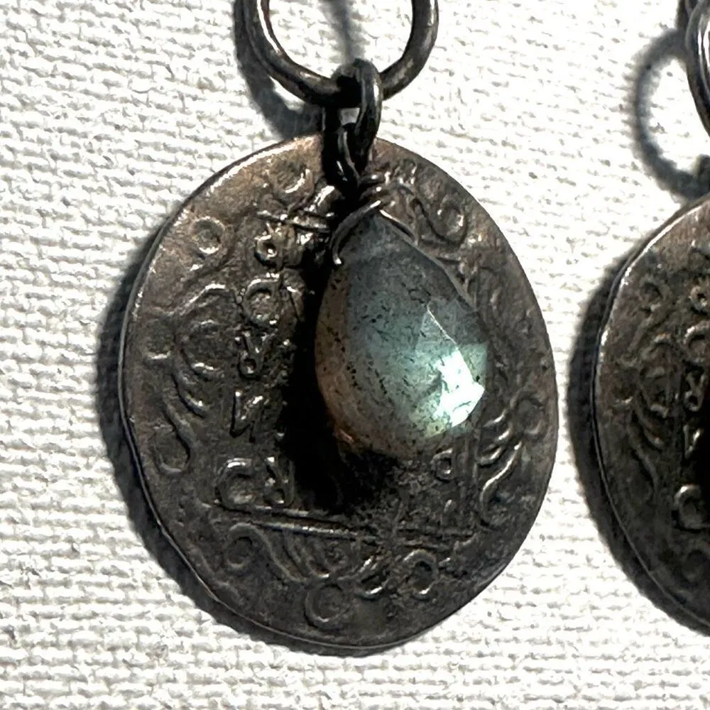 Sterling silver labradorite ancient riviera coin earrings - Image 9