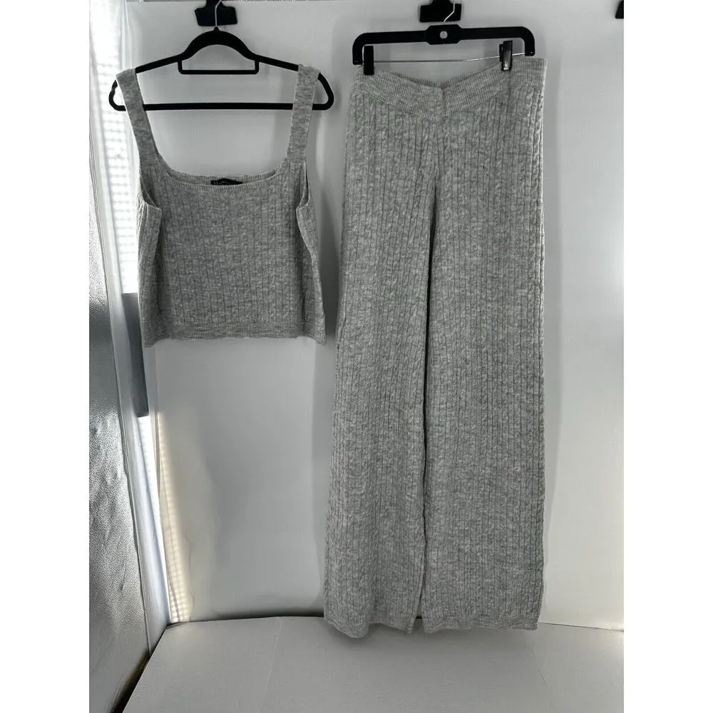 New York & Co Knit Lounge Set Sz XL Cableknit Soft Grey Tank Wide Leg Pants New - Image 5