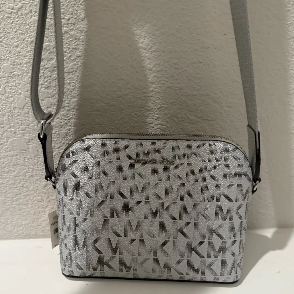 MICHAEL Michael Kors Signature Cindy Dome Crossbody Bag Silver Logo Wide Strap - Image 3